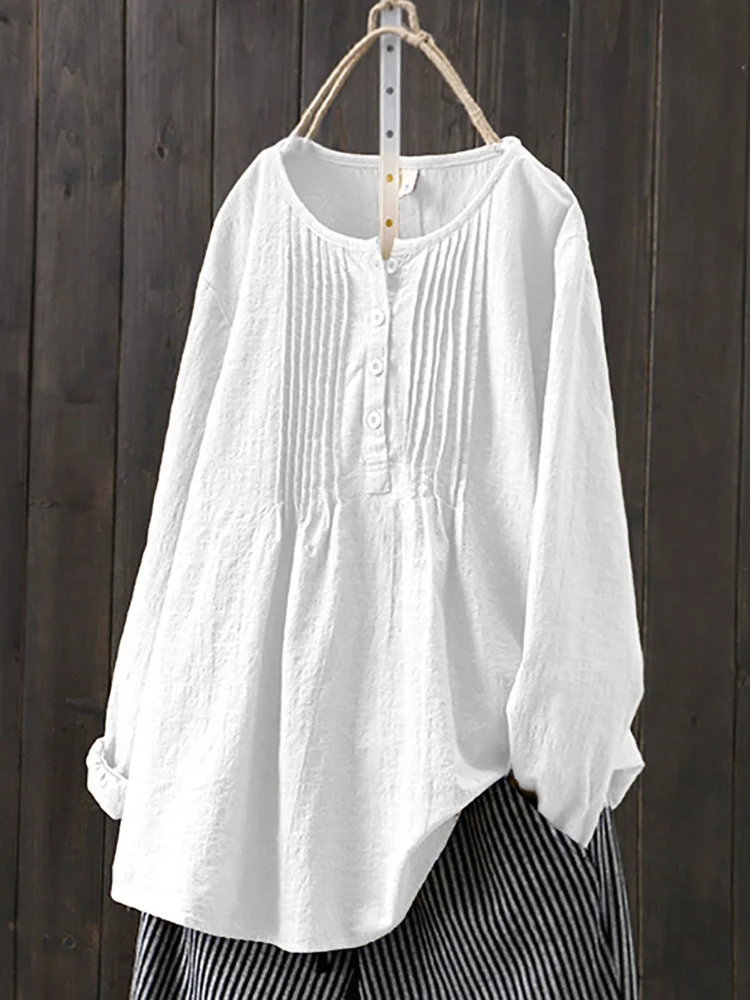 Women Linen Cotton Shirt Button Up Top Long Sleeve Casual Loose Blouse Plus Size