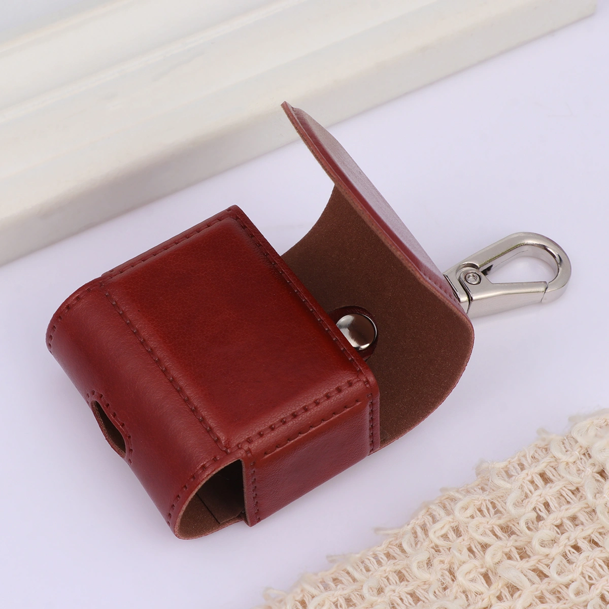 PU Wireless Earphone Box Portable Earbuds Protective Case with Lobster Clip Compatible for Airpods (Brown)
