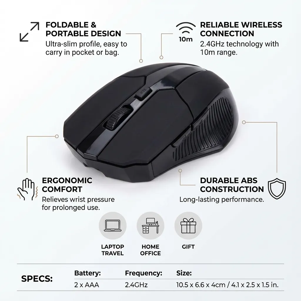 Wireless Mouse Foldeble Computer Mouse Portable Mouse Thin Laptop Mouse Lightweight Touch Mouse for Home Festival Gift (Black)