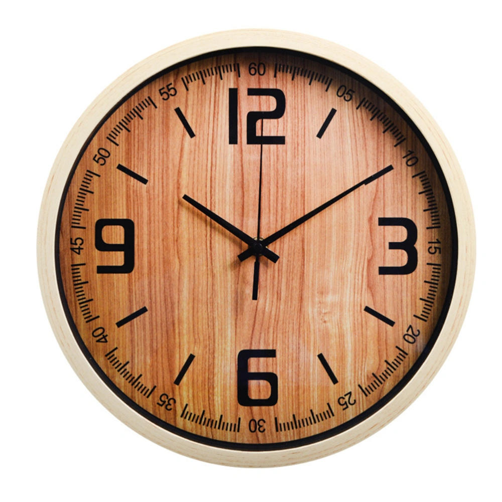 Round Wood Grain Wall Clock Living Room Creative Plastic Clock Mute Movement Household Bedroom Imitation Wood Quartz Clock without Battery