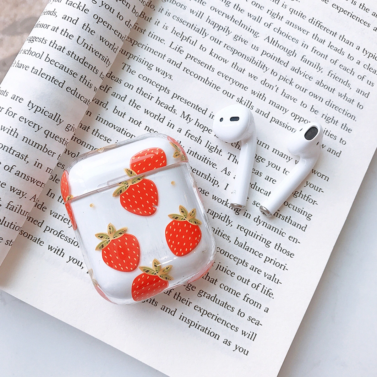 Wireless Earphone Protector Clear Full Protective Headset Case Cover Compatible for AirPods (Strawberry)