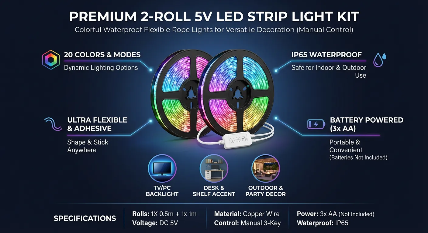 2 Rolls 5V LED Strip Light Kit Colorful LED Light Rope Waterproof Flexible String Lights without Battery (Manual Three Keys Model 1x0.5m + 1x1m)