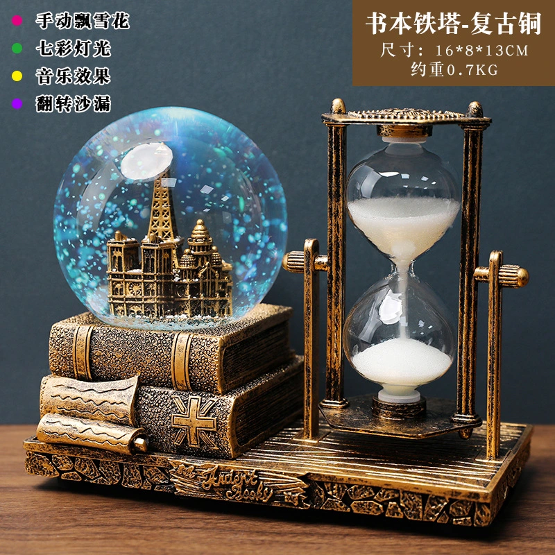 Vintage Desktop Decoration Resin Craft Music Crystal Ball With Sand Clock Table Centerpiece