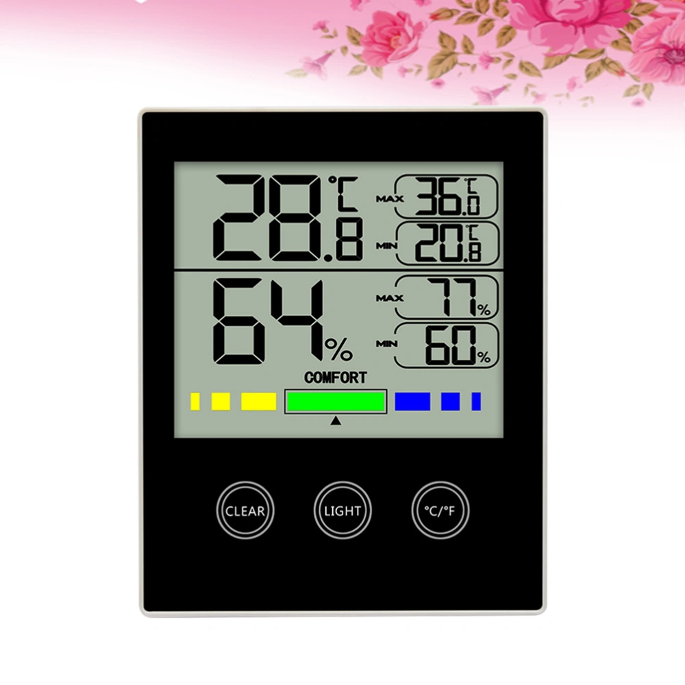 1pc Touch Screen Luminous Indoor Digital Thermometer Hygrometer with Clock for Home Office Baby Room without Battery (Black)