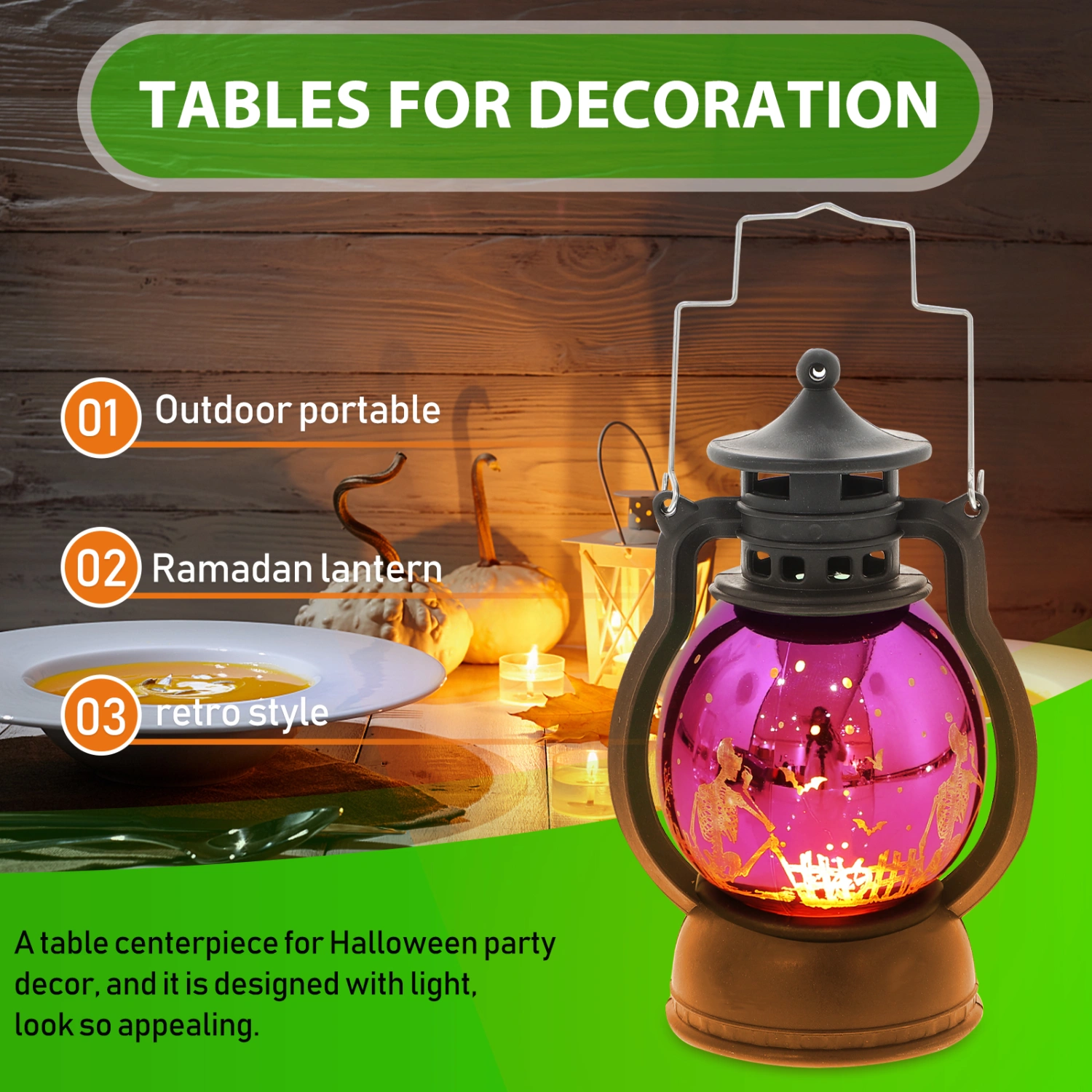 Halloween Skeleton Lantern Light Portable Battery Powered Skull Light Hanging Lantern Lamp