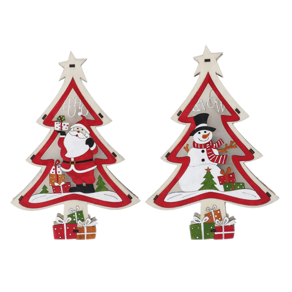 2pcs Wooden Christmas Tree Lamp Adornment Decorations Christmas Colorful Light Cartoon Crafts without Battery (Santa and Snowman)