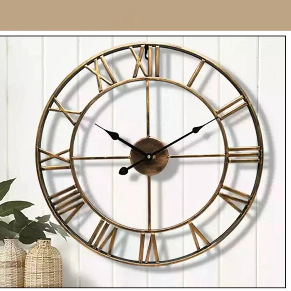 Vintage Metal Clock European Hollowed-out Roman Numeral Silent Clock Handmade 3D Large Round Decorative Clock for Living Room Bedroom Kitchen(Antique Brass 40cm)