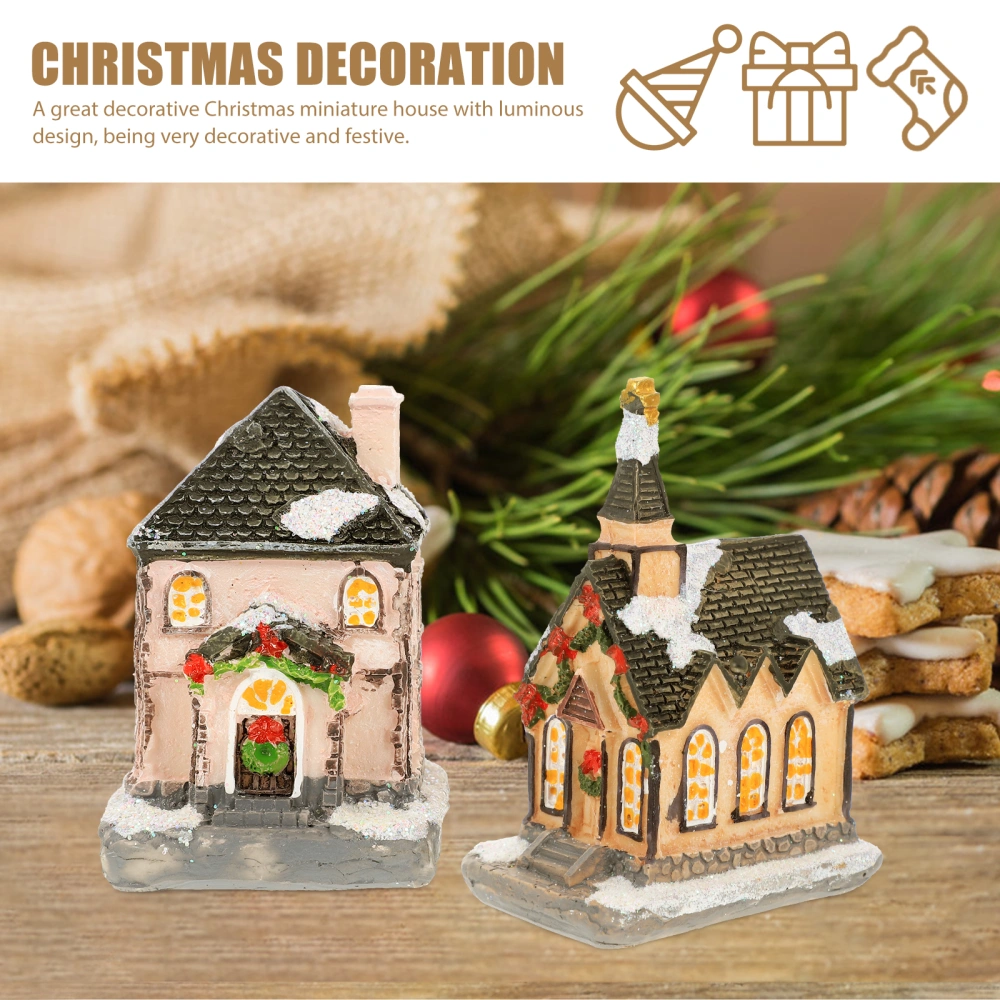 2pcs Christmas Micro-landscape Resin Houses Ornament Miniature Xmas Led Houses