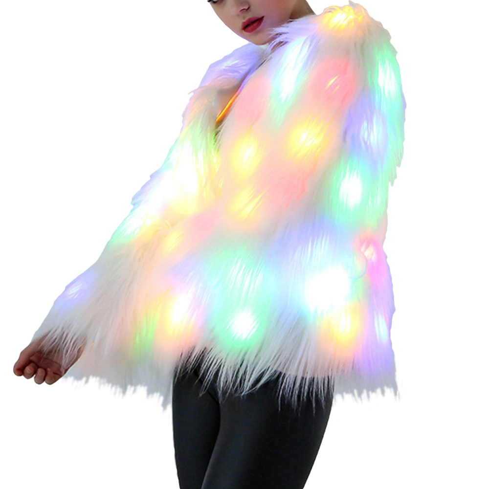 Women Christmas LED Faux Fur Coat Stage Costumes Nightclub Outwear Dancer Jackets Size XL (White)