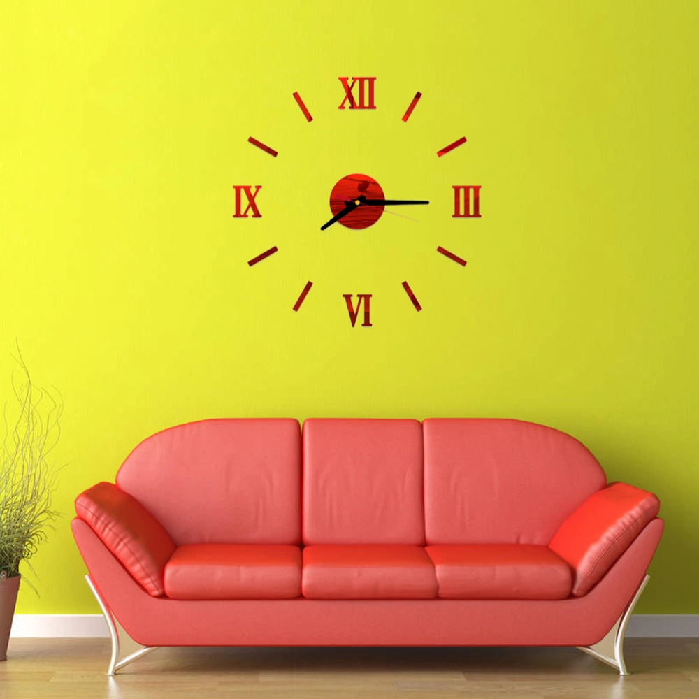 Frameless DIY Wall Clock Roman Numbers Adhesive Modern Art Wall Clock Silent 3D Acrylic Sticker Home Decorations for Living Room Bedroom - Red (GZ-034)