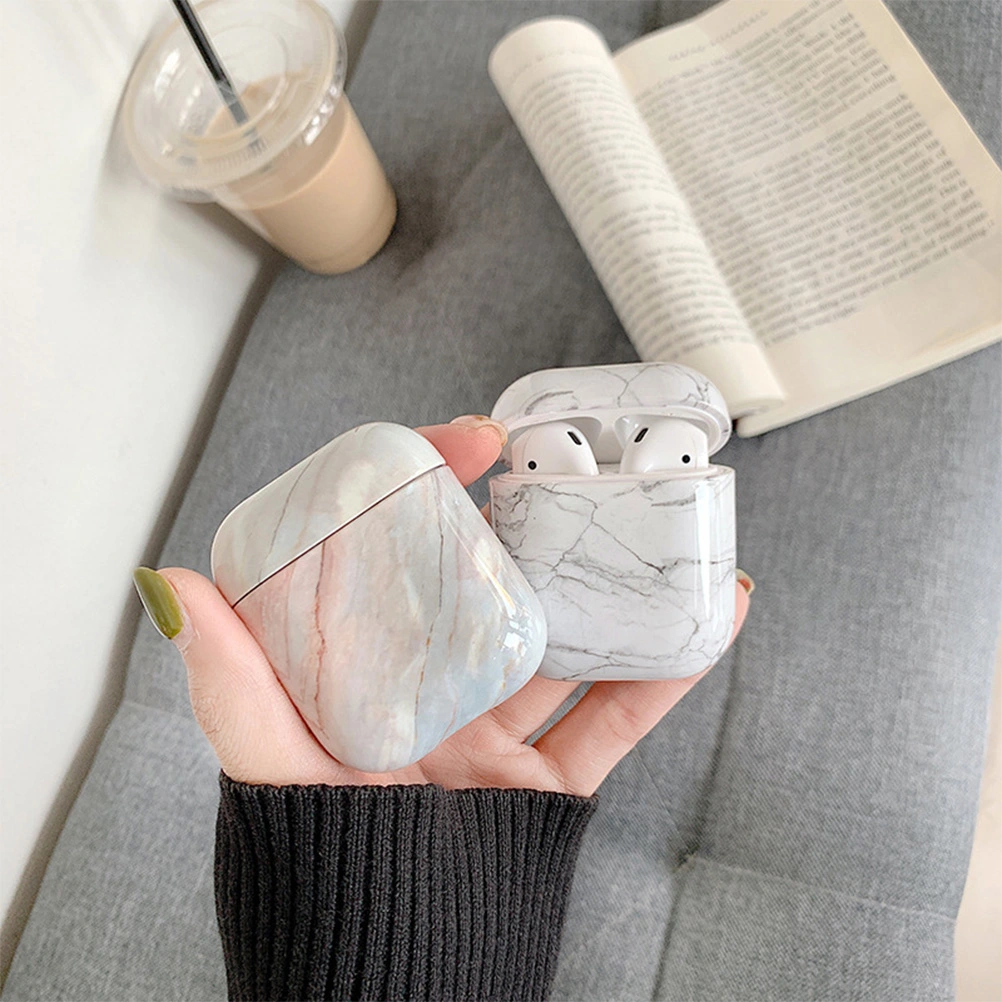 Simple  Wireless Earphone Box Protection Shell Holster Marble Protect Case for Airpods (White)