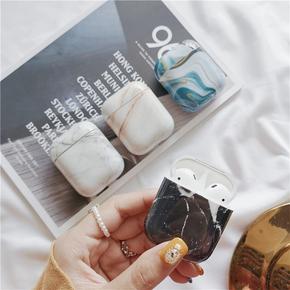 Simple  Wireless Earphone Box Protection Shell Holster Marble Protect Case for Airpods (White)