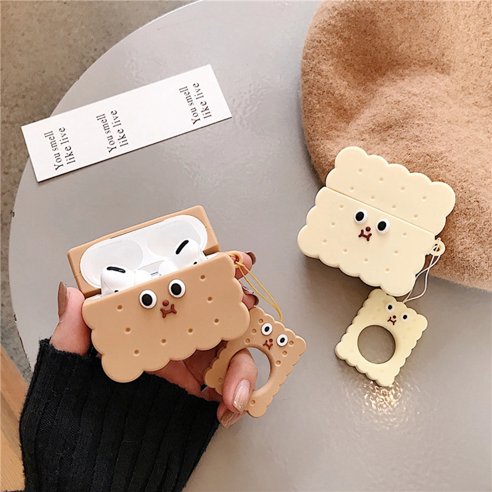Creative Wireless Earphone Cover Cartoon Biscuit Headset Protective Cover Hanging Pendant with Ring Rope Compatible for Airpods Pro 3 (Khaki)