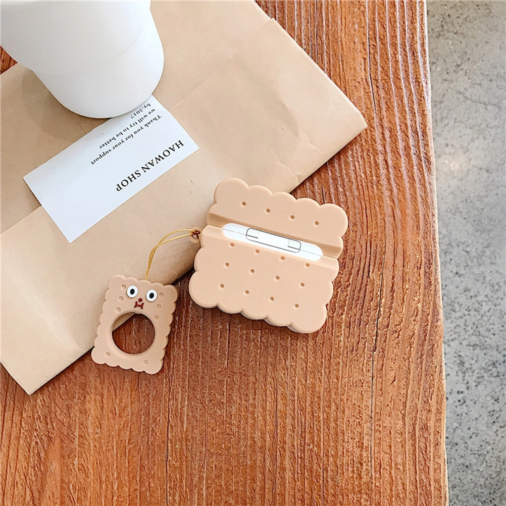 Creative Wireless Earphone Cover Cartoon Biscuit Headset Protective Cover Hanging Pendant with Ring Rope Compatible for Airpods Pro 3 (Khaki)