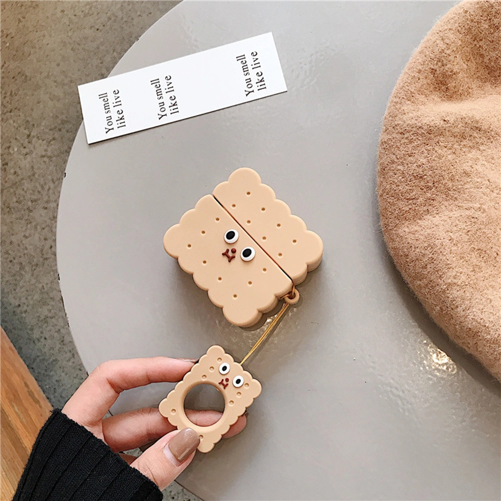 Creative Wireless Earphone Cover Cartoon Biscuit Headset Protective Cover Hanging Pendant with Ring Rope Compatible for Airpods Pro 3 (Khaki)