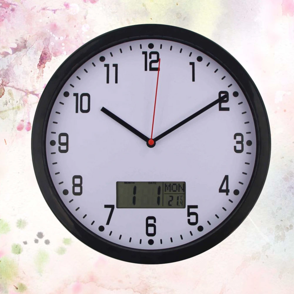 1PC 10 Inches Hanging Clock Simple Sitting Room Wall Clock LCD Display Temperature Humidity Meter Quartz Clock Plastic Quartz Wall Clock Stylish Household Hanging Clock for Home Office Not Included Batteries Black