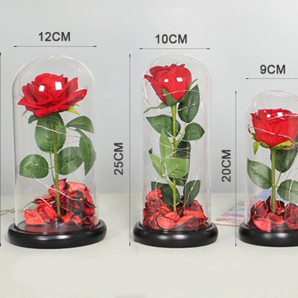 Glass Cover LED Light Simulation Immortal Rose Desktop Ornament Valentine's Day Present Home Decor for Women Lady without Battery (12x25cm)