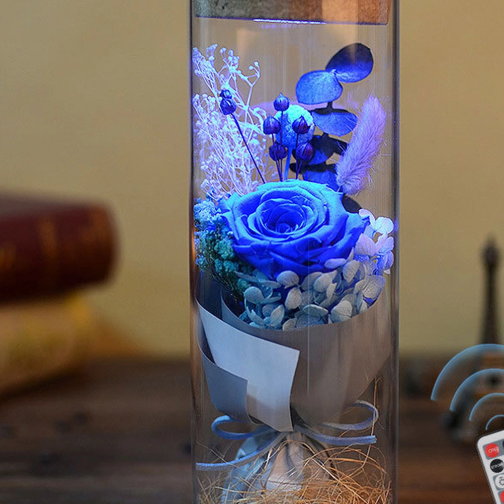 Romantic Eternal Rose Wishing Bottle Night Light LED Lamp Colorful Lights Valentine's Day Gift (Blue with Remote Control)