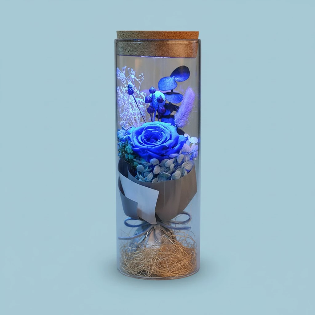 Romantic Eternal Rose Wishing Bottle Night Light LED Lamp Colorful Lights Valentine's Day Gift (Blue with Remote Control)
