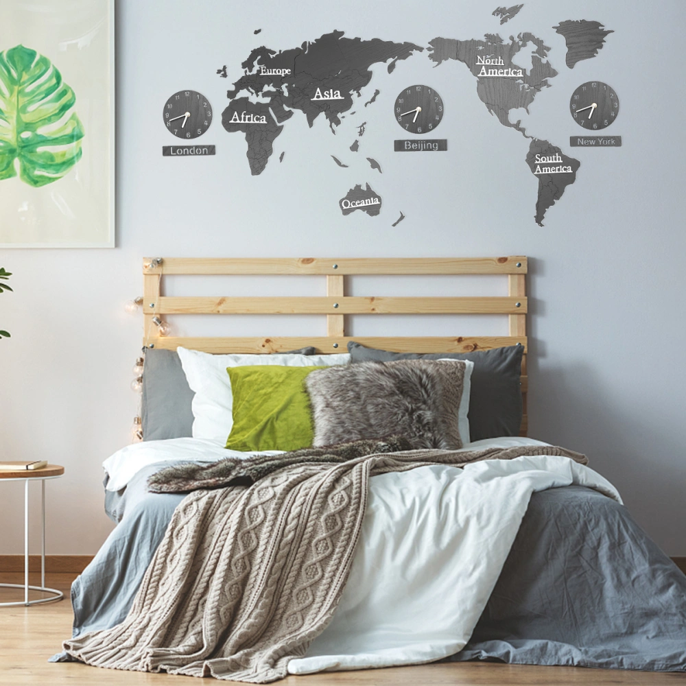 Creative Wall Clock Decorative Wall Map Multiple Time Zone Clock No Battery