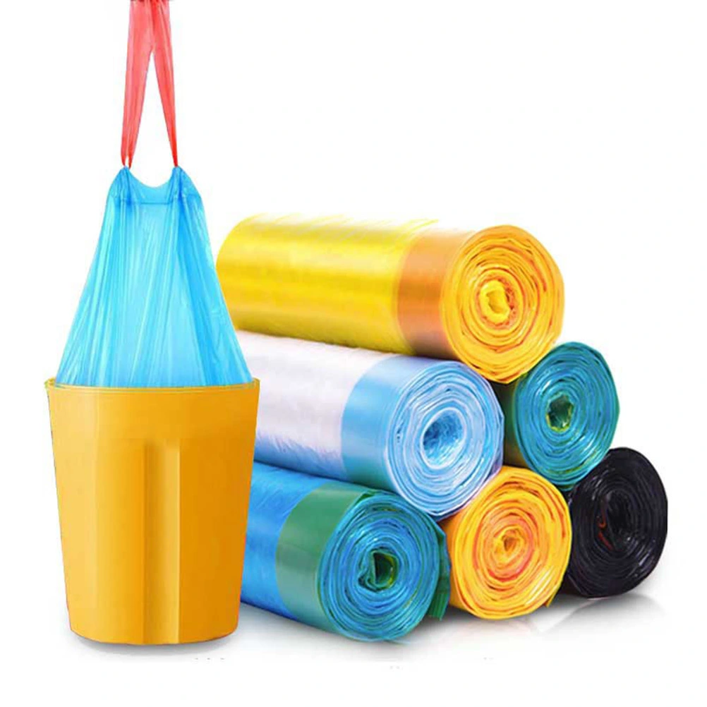 5 Rolls/ 75 Pcs Garbage Bags Automatic Closing Large Garbage Pouches Portable Household Plastic Bags with Rope (Random Color)