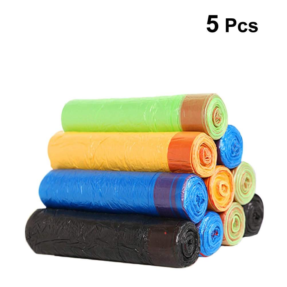 5 Rolls/ 75 Pcs Garbage Bags Automatic Closing Large Garbage Pouches Portable Household Plastic Bags with Rope (Random Color)