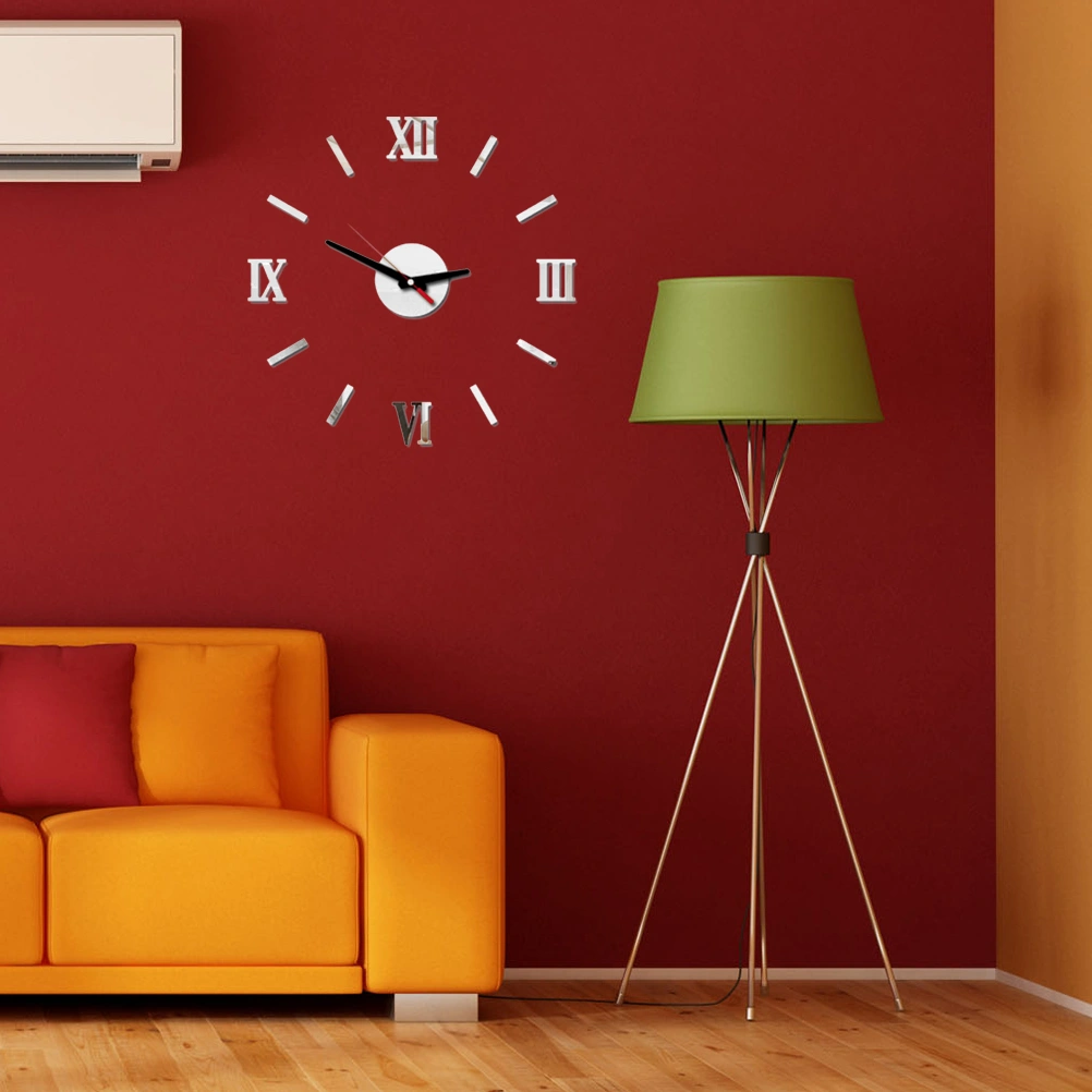 Frameless DIY Wall Clock Roman Numbers Adhesive Modern Art Wall Clock Silent 3D Acrylic Sticker Home Decorations for Living Room Bedroom - Silver (GZ-034)