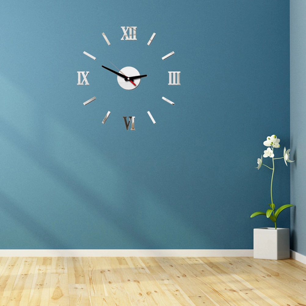 Frameless DIY Wall Clock Roman Numbers Adhesive Modern Art Wall Clock Silent 3D Acrylic Sticker Home Decorations for Living Room Bedroom - Silver (GZ-034)
