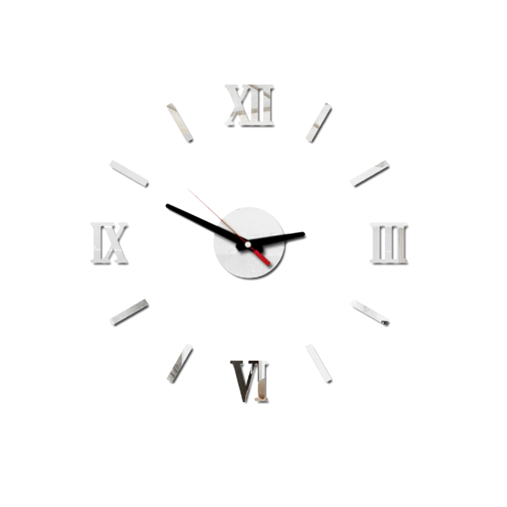 Frameless DIY Wall Clock Roman Numbers Adhesive Modern Art Wall Clock Silent 3D Acrylic Sticker Home Decorations for Living Room Bedroom - Silver (GZ-034)