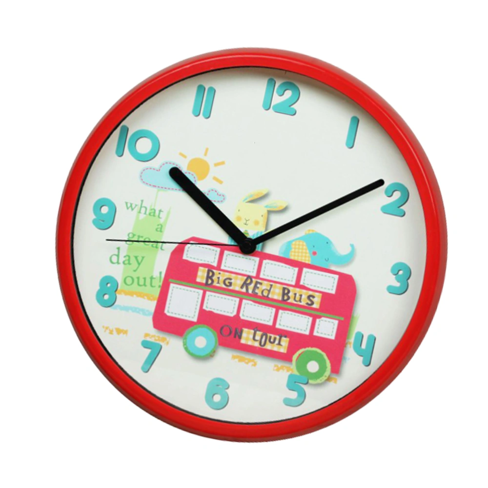 Bus Tour Wall Decorative Clock Cartoon Round Wall Clock Art Decor Wall Clock for Home Office Kids Room without Battery (Red)