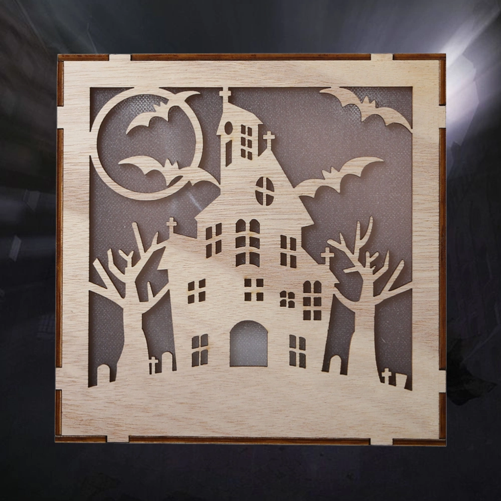 Wooden LED Light Halloween Decorations Square Hollow Haunted House Hanging Decor Home Party Ornament (No Battery)