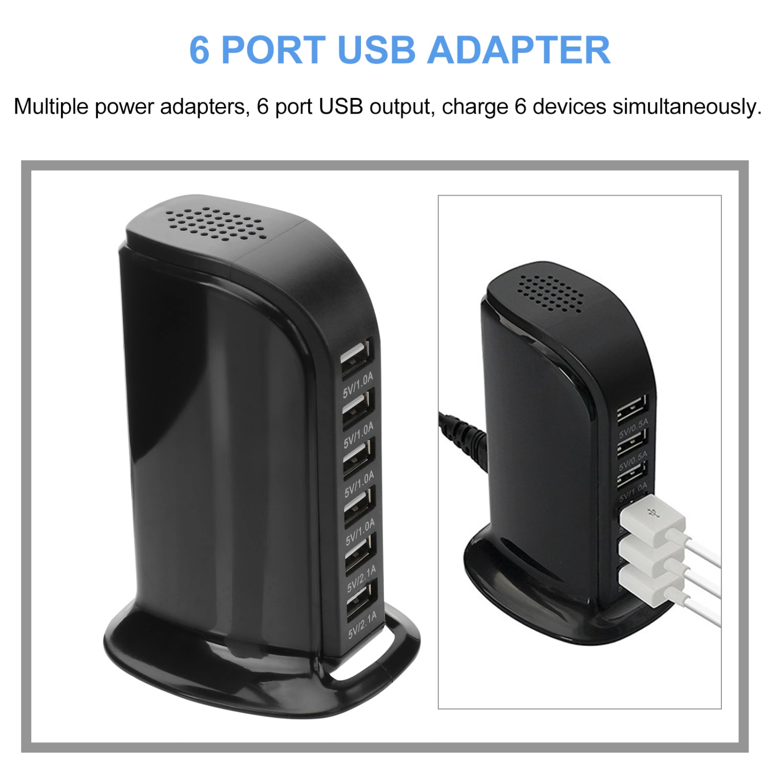 Black 30W Multi 6 Port USB Charger 6A Rapid Charging Station Desktop Travel Hub Original EU Plug