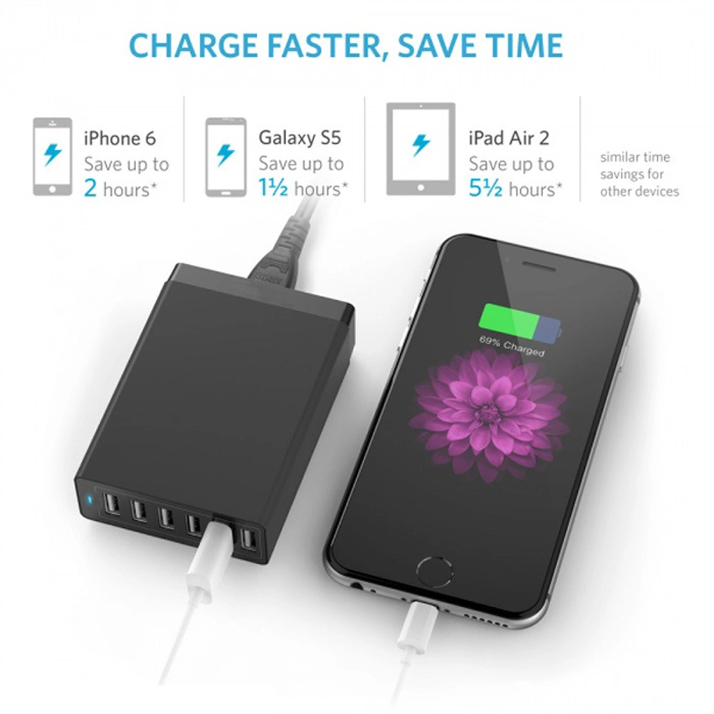 6 Port USB Wall Charger 50W 10A Charging Station 2.0 Charging Hub with EU Plug(Black)