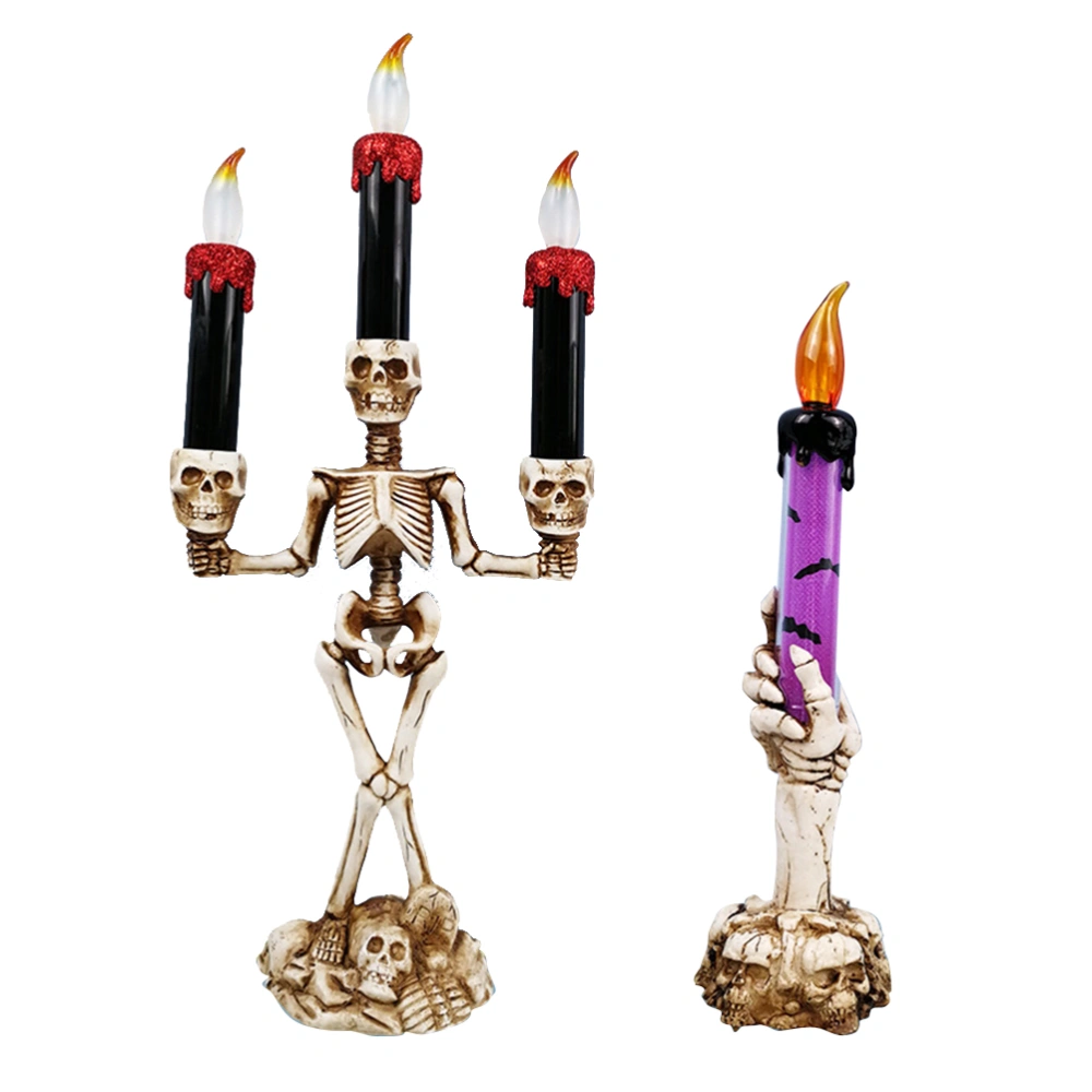 2PCS Halloween Decorative Lights Ghost Festival Atmosphere Plastic Skeleton Candle Holder LED Light 3 Candles Candle Light Ghost Hand Candle Lamp Pumpkin Candle Lamp with Button Battery