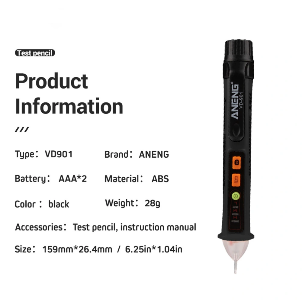 VD901 Voltage Tester Pen Non-Contact Multi-function 12V-1000V Voltage Test Pen Voltage Detector without Battery (Black)