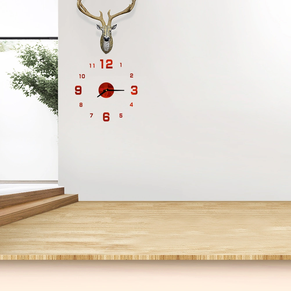 Frameless DIY Wall Clock Arabic Numbers Adhesive Modern Art Wall Clock Silent 3D Acrylic Sticker Home Decorations for Living Room Bedroom - Red (GZ-087A)
