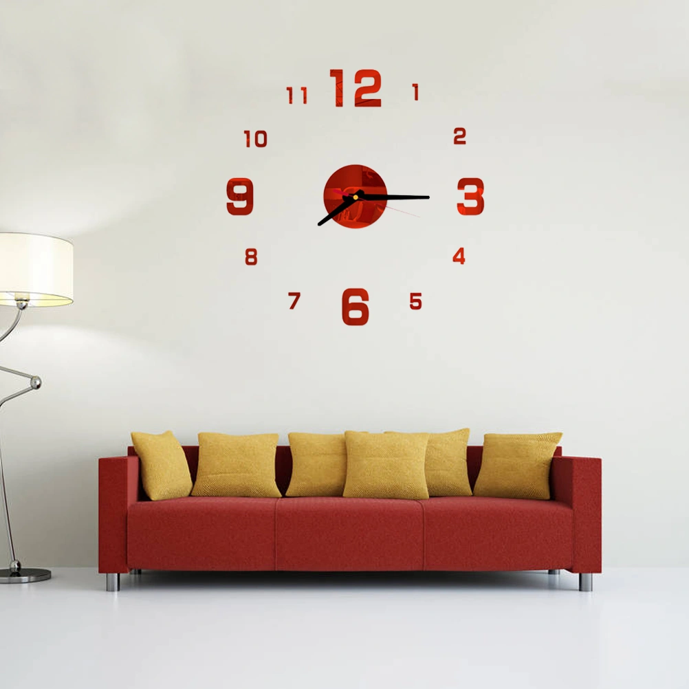 Frameless DIY Wall Clock Arabic Numbers Adhesive Modern Art Wall Clock Silent 3D Acrylic Sticker Home Decorations for Living Room Bedroom - Red (GZ-087A)