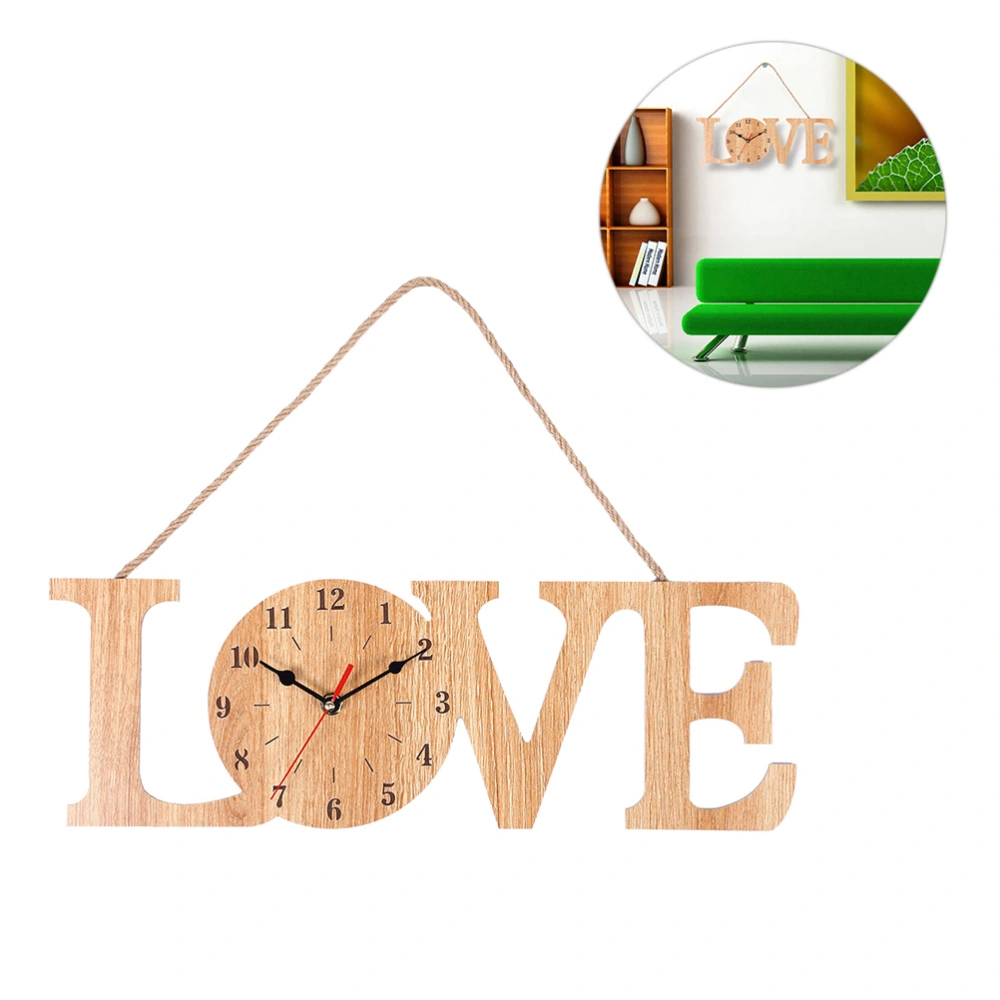 Wooden Hemp Rope Wall Clock Home Living Room Creative Decorative LOVE Clock Household Bedroom Hanging Bar Decor without Battery (Beige)