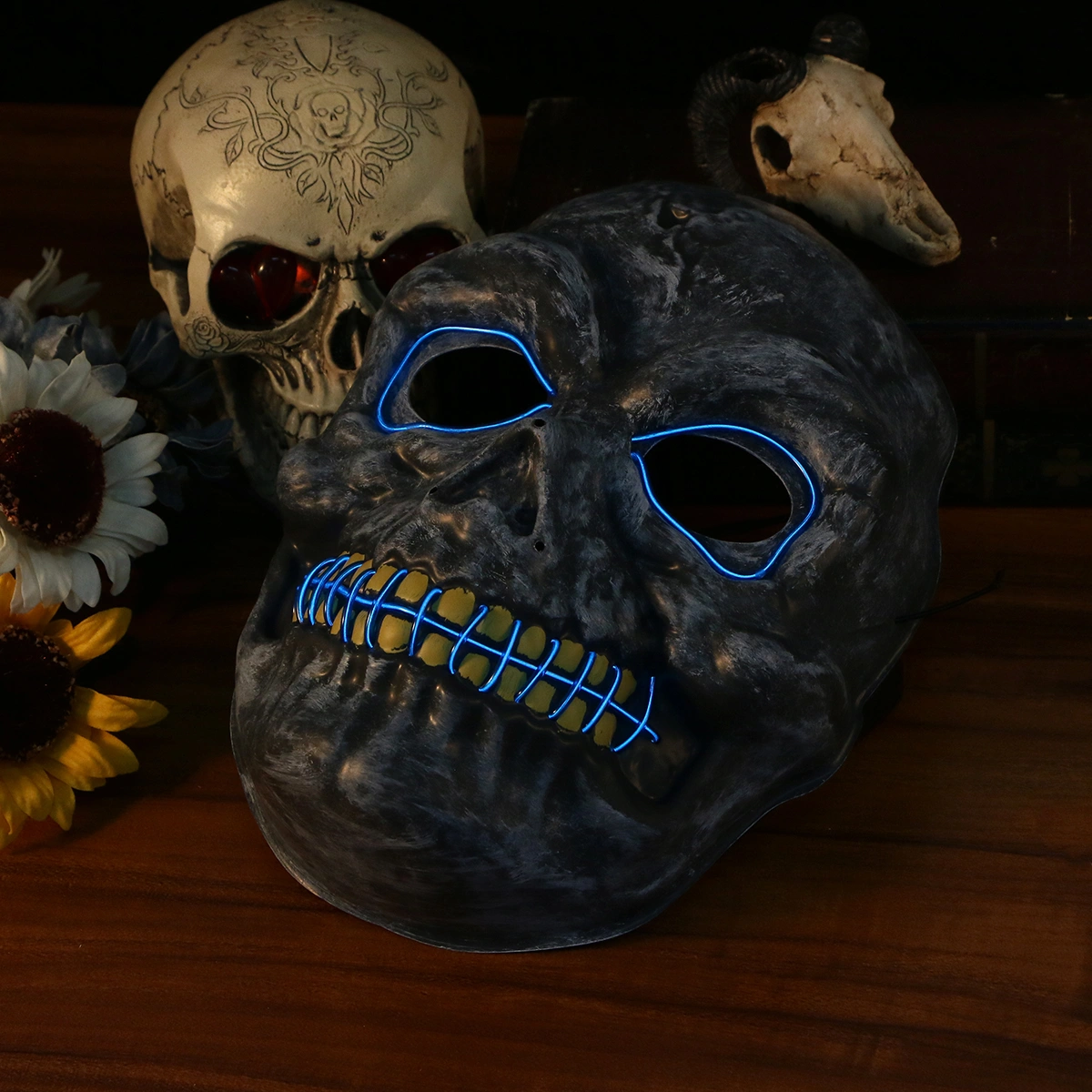 Pvc Halloween Mask Scary Skull Mask Easter LED Glowing Mask Lighting Skeleton Masquerade Mask for Festival Party without Battery