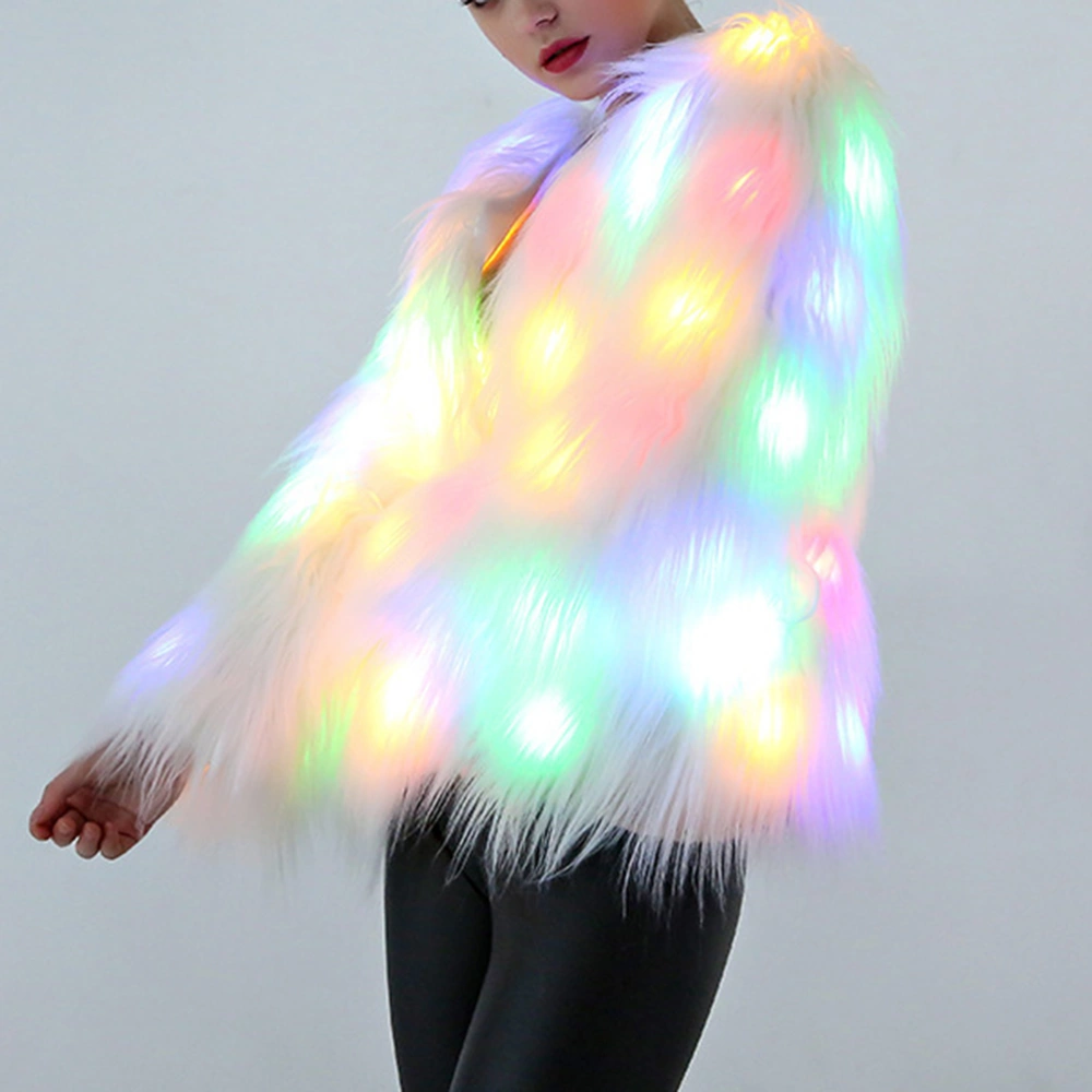 Women Christmas LED Faux Fur Coat Stage Costumes Nightclub Outwear Dancer Jackets Size L (White)