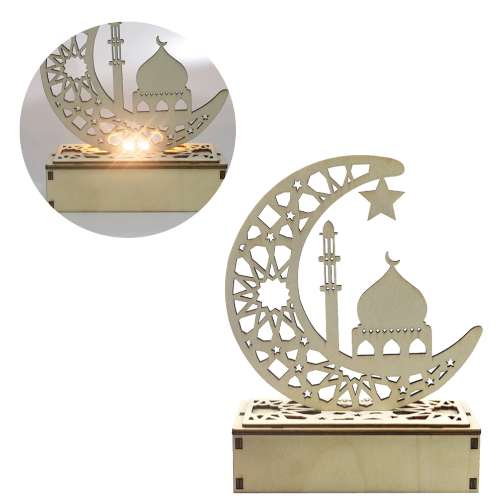 1 Set Islam Moon-shaped Lamp Decor Wooden Eid LED Moon Lamp Decor Delicate Eid Hollow-out Moon Lamp Islam Atmosphere Lamp Ornament for Party Festival Decor (Castle Style No Battery)