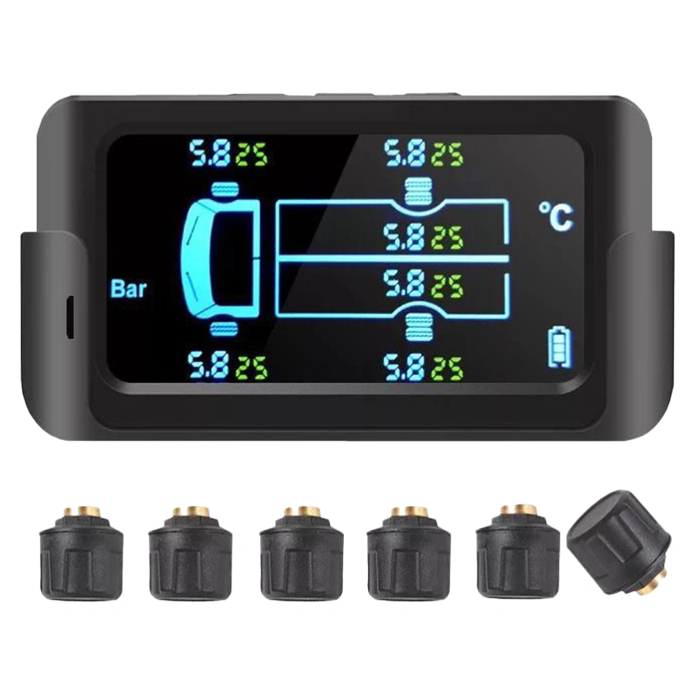 1Pc 14.5bar Solar Tire Pressure Monitor System For Large Truck RV Wireless General Bus Truck 6 Tire Pressure External (Black)