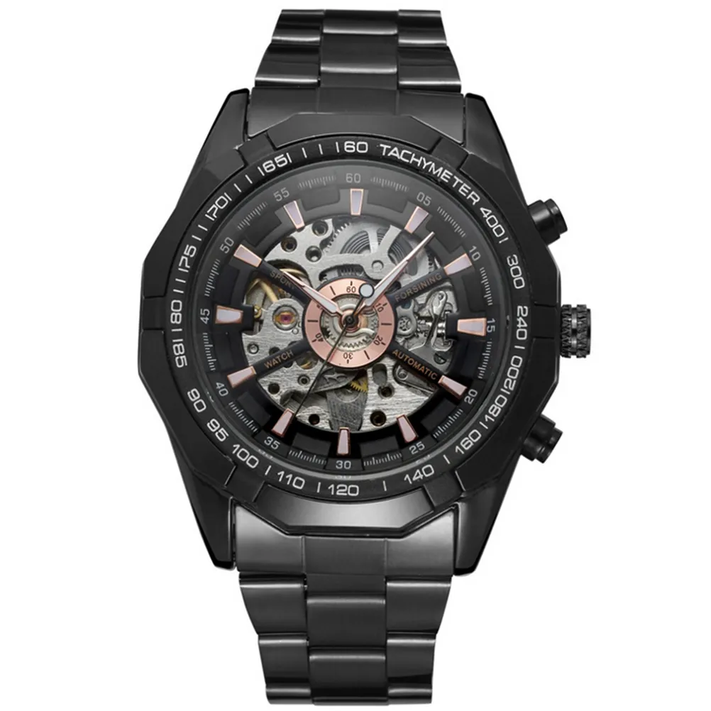 Men Automatic Mechanical Wrist Watch with Stainless Steel Band (Black)