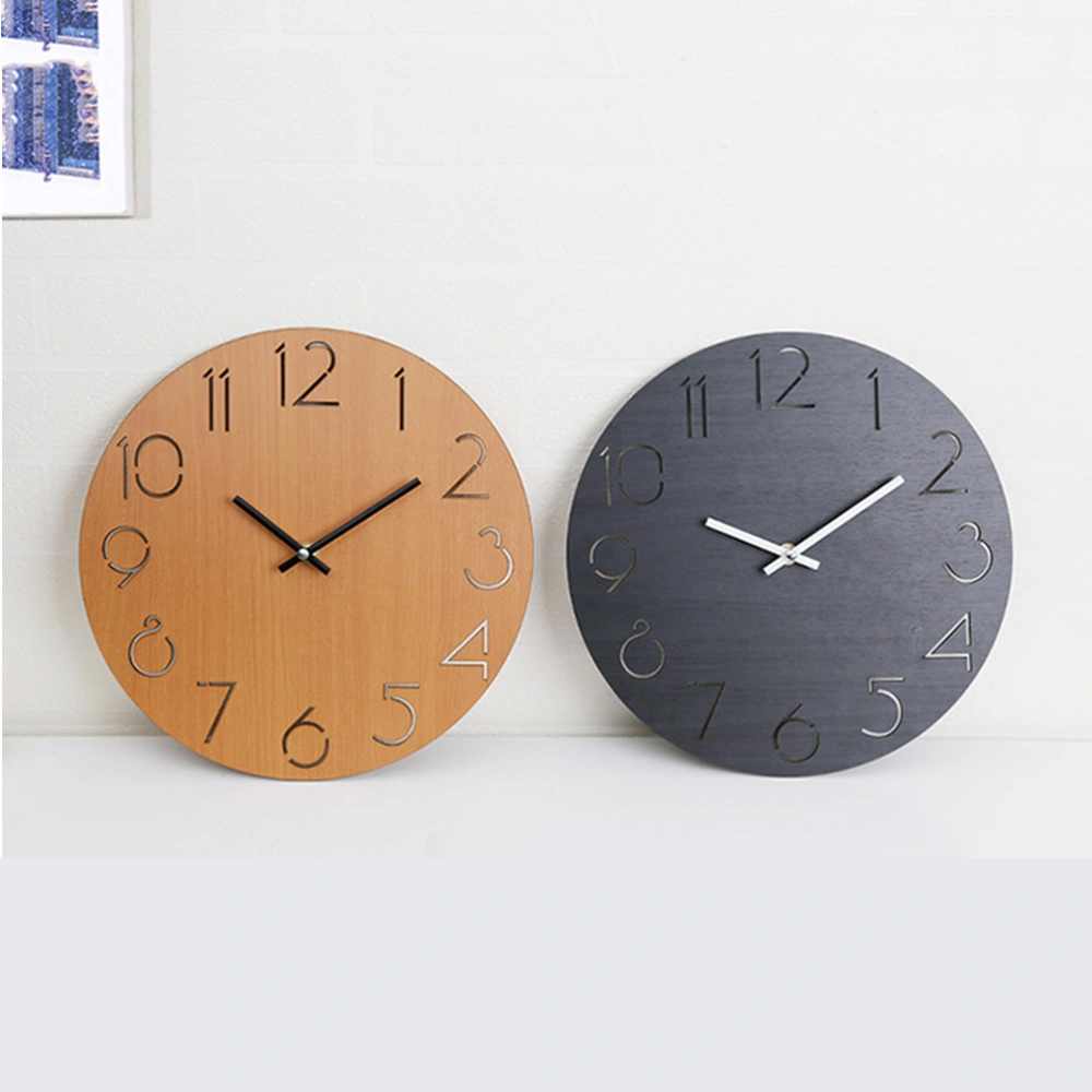 Simple Mute Wooden Wall Clock Round Creative Quartz Clock for Home Bedroom Living Room without Battery (Black)