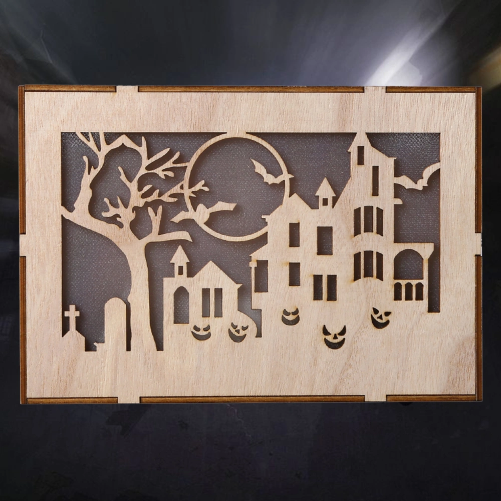 Wooden LED Light Halloween Decorations Square Hollow Withered Tree Haunted House Hanging Decor Home Party Ornament (No Battery)