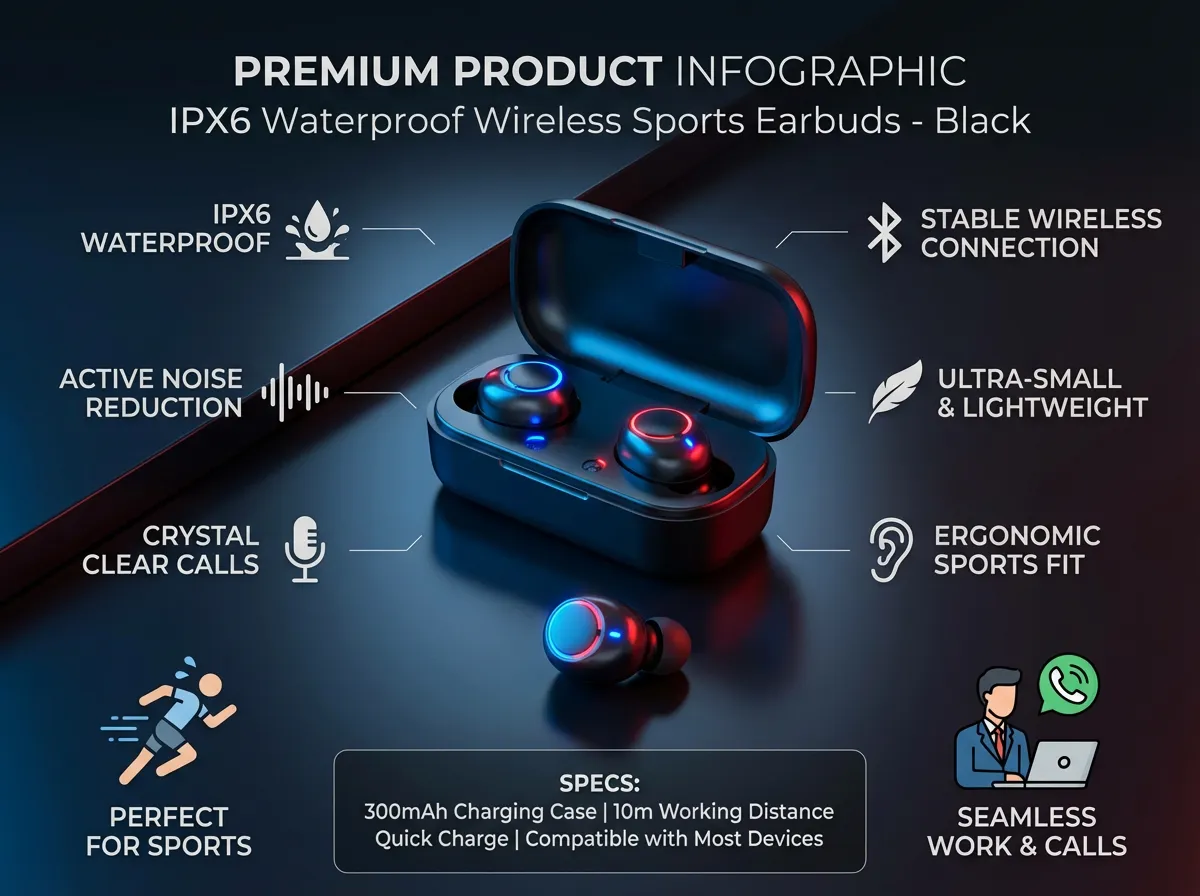 1 Set Waterproof Wireless Earphone Noise Reduction Headset for Sports (Black)