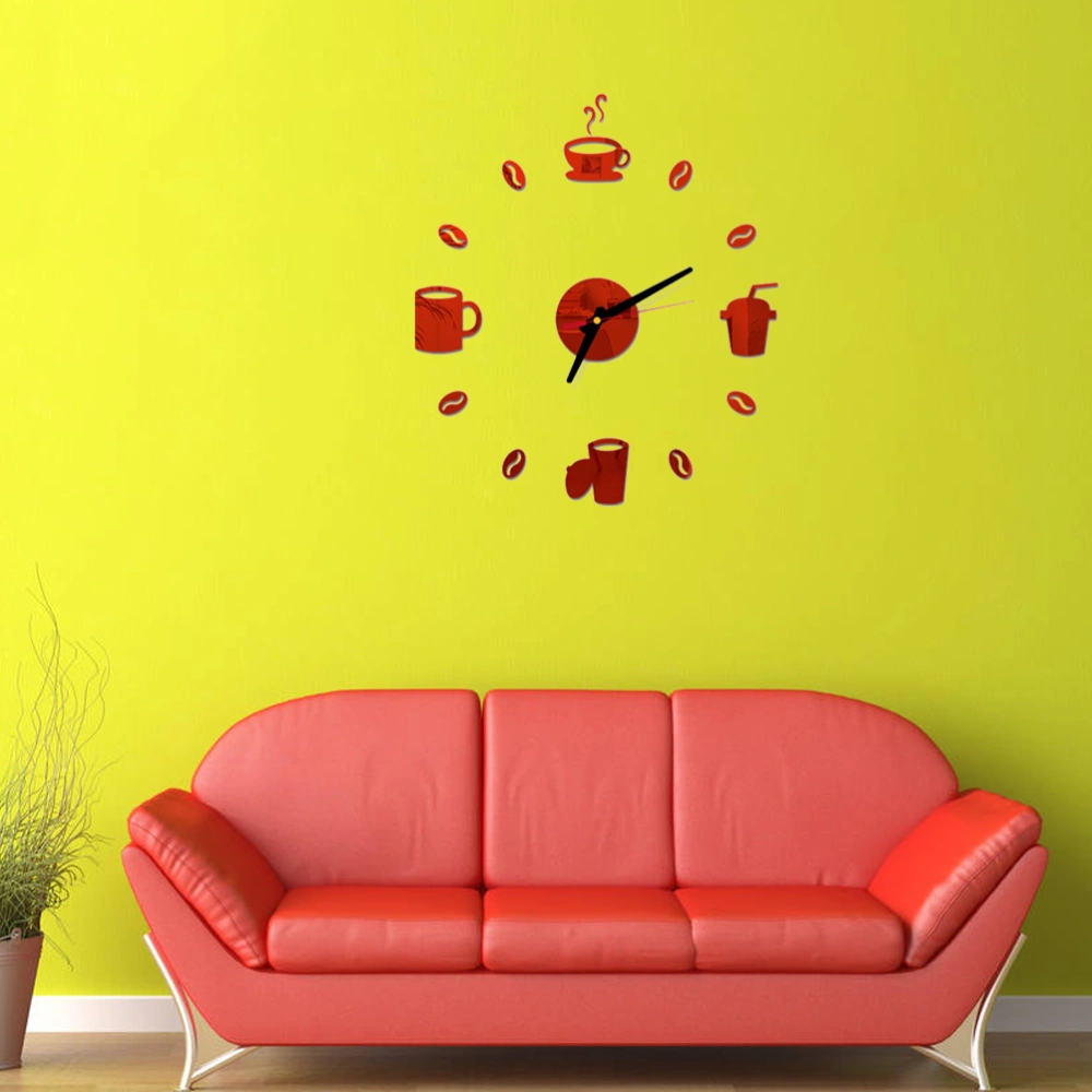 Frameless DIY Wall Clock Coffe Drinking Cups Adhesive Modern Art Wall Clock Silent 3D Acrylic Sticker Home Decorations for Living Room Bedroom - Red (GZ-004)