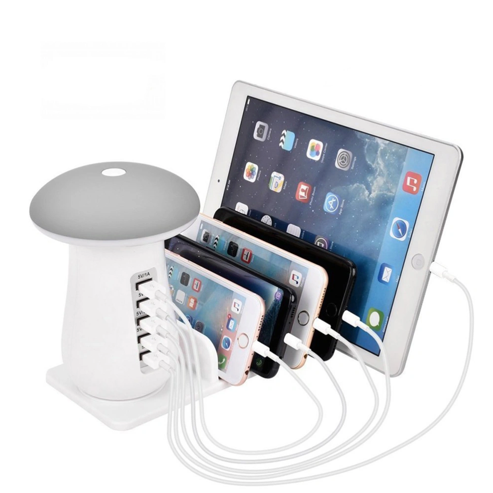 Multiple USB Charging Station Stand Organizer With Mushroom LED Desk Lamp for Smartphones/Tablets/Other Gadgets White (AU Plug)