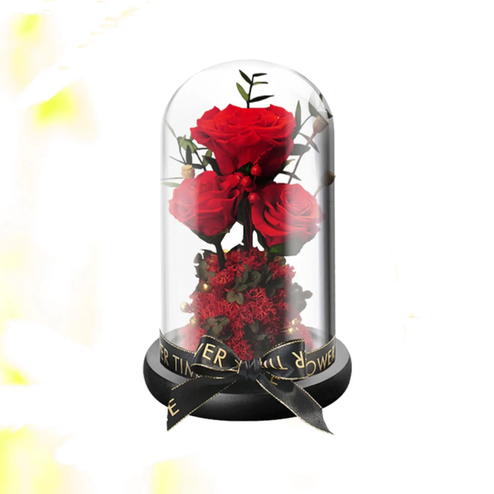 Romantic Glass Cover Light Simulated Immortal Rose Desktop Ornament Valentine's Day Gift for Women Lady without Battery