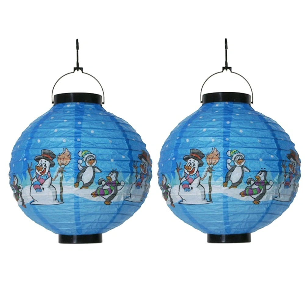 2pcs Christmas Luminous Paper Lantern Hangable Paper Lantern Christmas Scene Layout Decorations Blue Penguins Snowman Style Not Battery